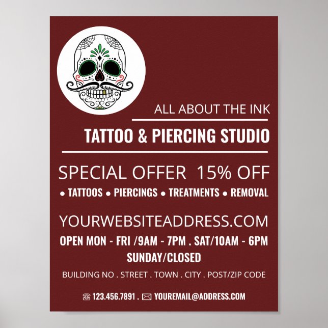 Skull Tattoo, Tattoo & Body Piercing Studio Advert Poster (Front)