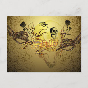 Skull the word with funny skull, roses postcard