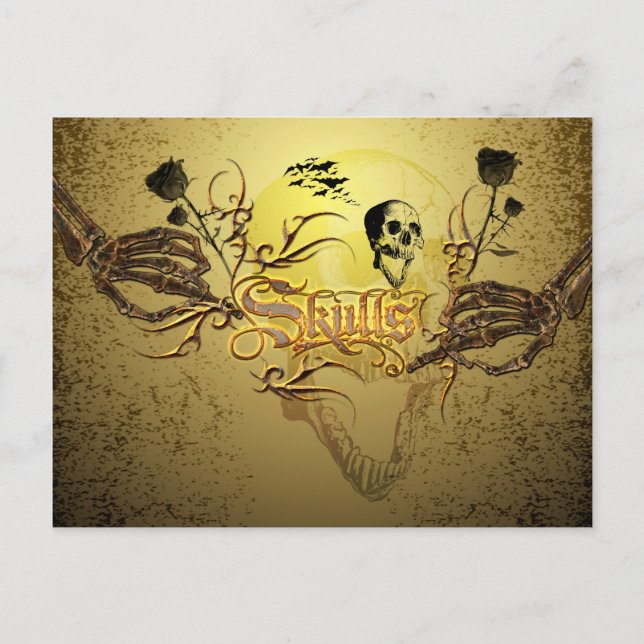 Skull the word with funny skull, roses postcard (Front)