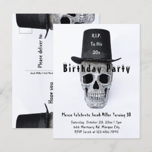 Skull Top Hat Vintage Black White RIP To His 20s Invitation Postcard