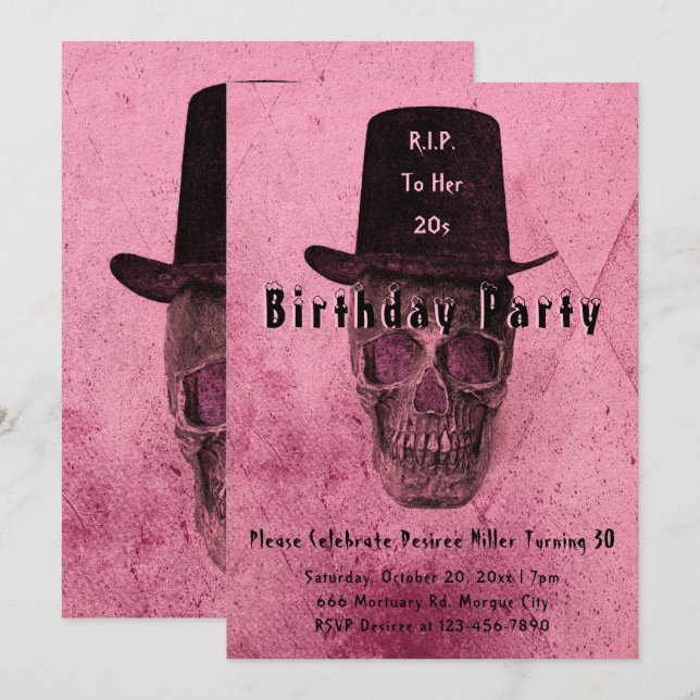 Skull Top Hat Vintage Pink RIP To Her 20s Invitation (Front/Back)