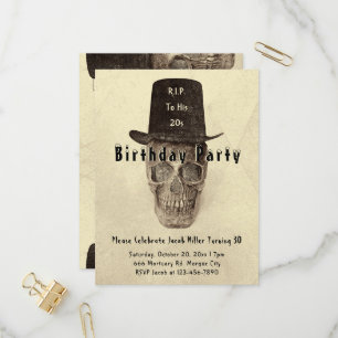 Skull Top Hat Vintage Sepia RIP To His 20s Invitation Postcard