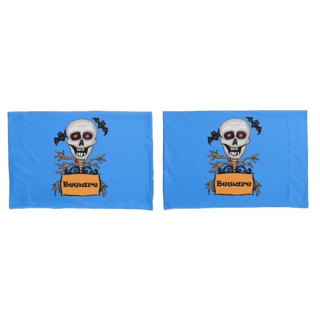 Skull Tree Branch Arms Beware Sign Bats Blue Pillowcase (Front-Set)