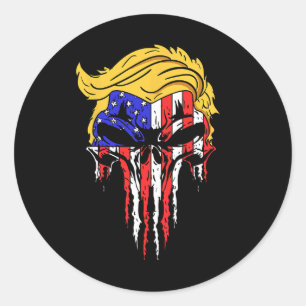 Skull Usa Flag Hair Funny President Gift Classic Round Sticker