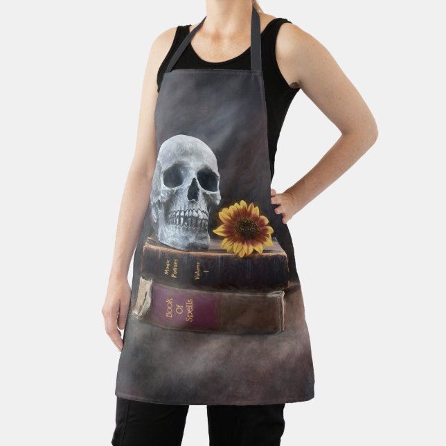 Skull Vintage Books Yellow Sunflower Gothic Apron (Insitu)
