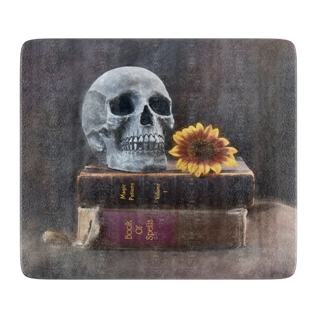 Skull Vintage Books Yellow Sunflower Gothic Cutting Board (Front)