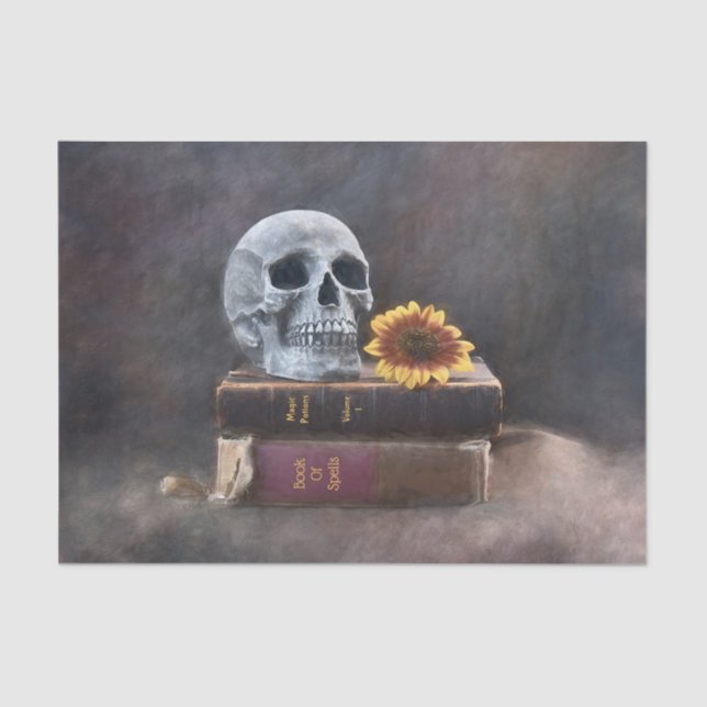 Skull Vintage Books Yellow Sunflower Gothic Tissue Paper (Front)