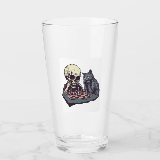 Skull vs Cat � Funny Chess Battle Glass (Front)