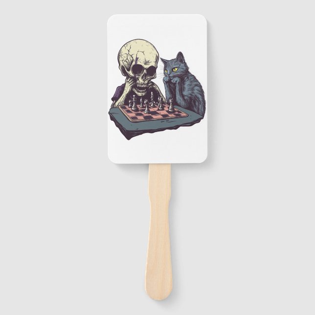 Skull vs Cat � Funny Chess Battle Hand Fan (Front)