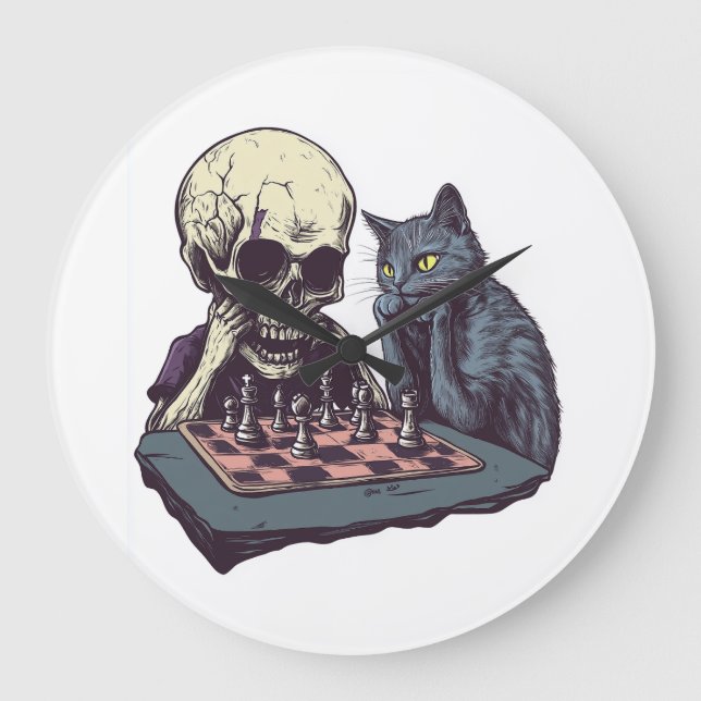 Skull vs Cat � Funny Chess Battle Large Clock (Front)