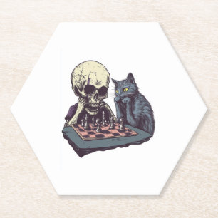 Skull vs Cat � Funny Chess Battle Paper Coaster
