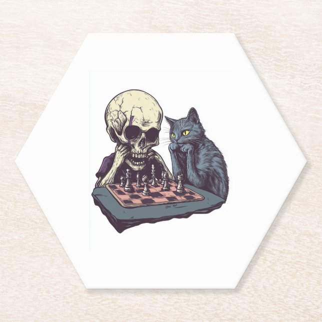 Skull vs Cat � Funny Chess Battle Paper Coaster (Front)