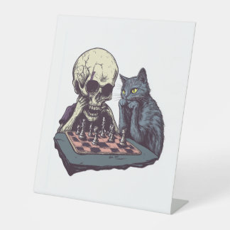 Skull vs Cat � Funny Chess Battle Pedestal Sign