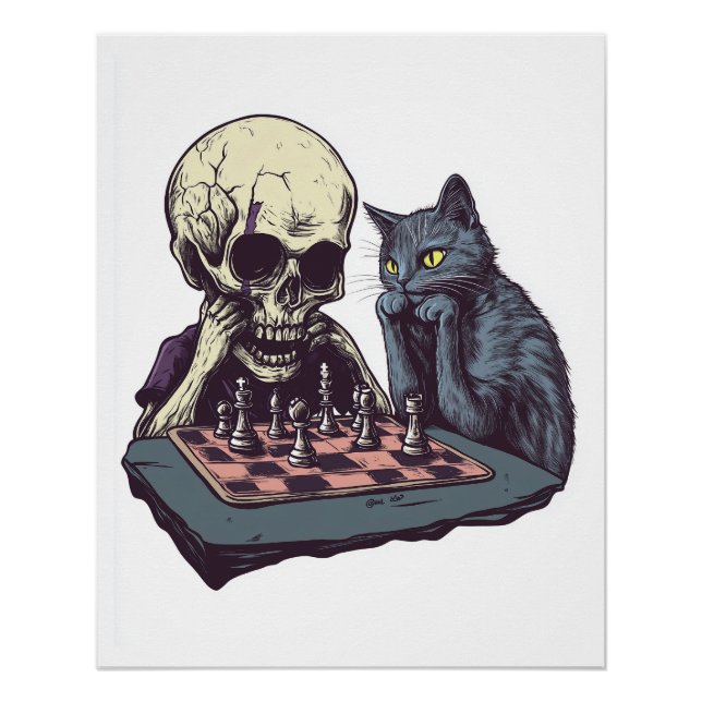 Skull vs Cat � Funny Chess Battle Poster (Front)