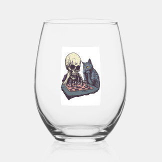 Skull vs Cat � Funny Chess Battle Stemless Wine Glass