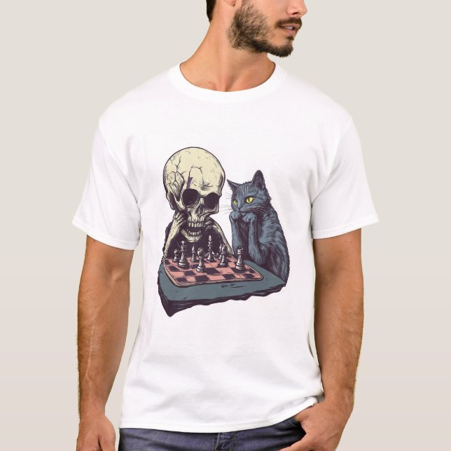 Skull vs Cat � Funny Chess Battle T-Shirt (Front)