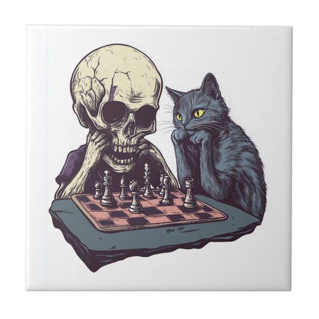 Skull vs Cat � Funny Chess Battle Tile (Front)