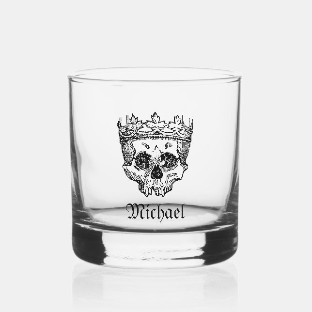 Skull Wearing Crown Gothic Drawing Personalised Whiskey Glass (Front)