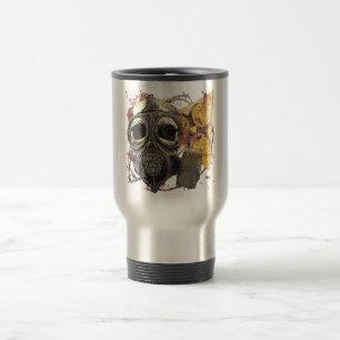 Skull wearing gasmask travel mug