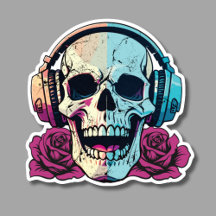 Skull Wearing Headphones with Roses Waterproof
