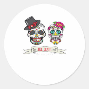 Skull Wedding Bride and Groom Till Death Print Classic Round Sticker