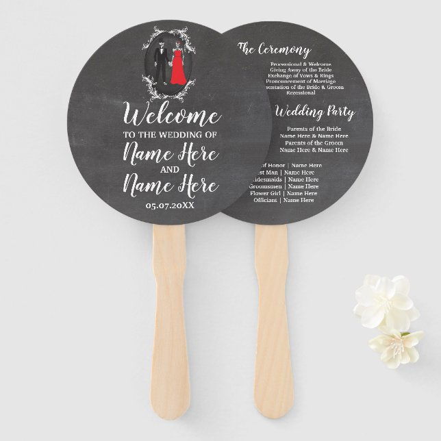 Skull Wedding Programme Skeletons Chalk Red Hand Fan (Front and Back)