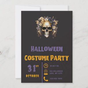 Skull White & Blue Flowers Modern Black Halloween Invitation