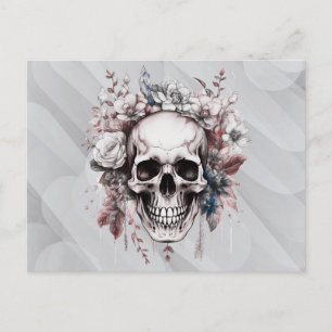 Skull White Flowers Greenery Grey Halloween Holiday Postcard