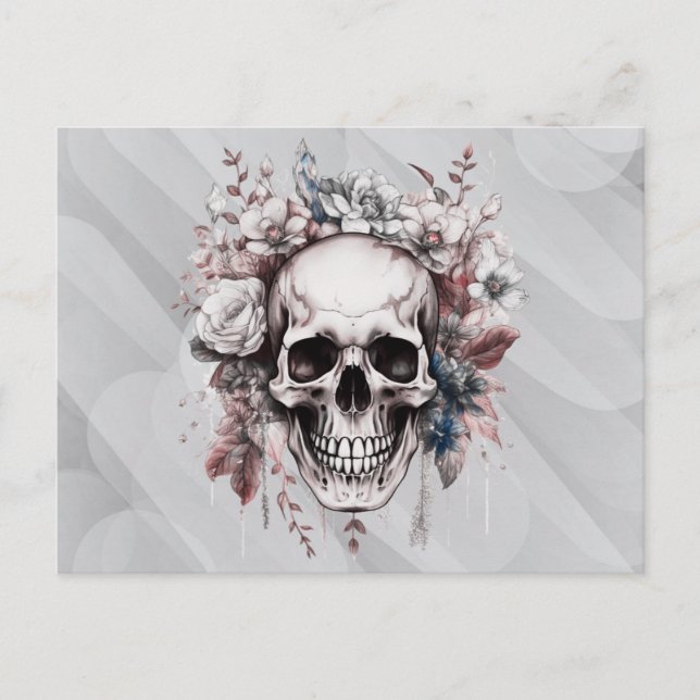 Skull White Flowers Greenery Grey Halloween Holiday Postcard (Front)