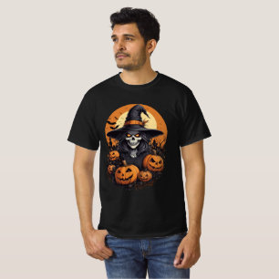Skull Witch with Pumpkins Halloween Art T-Shirt