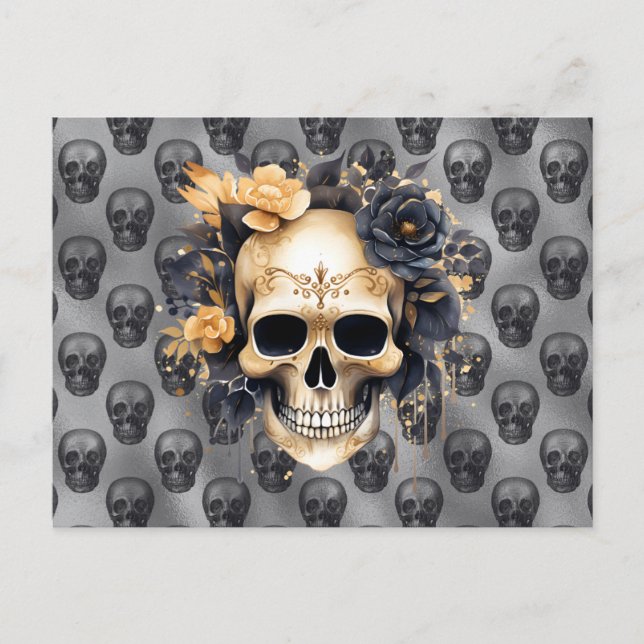 Skull with Black and Gold Roses Silver Halloween Holiday Postcard (Front)