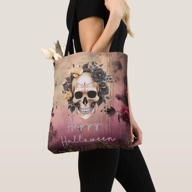 Skull With Blue and Gold Flowers Happy Halloween Tote Bag (Close Up)