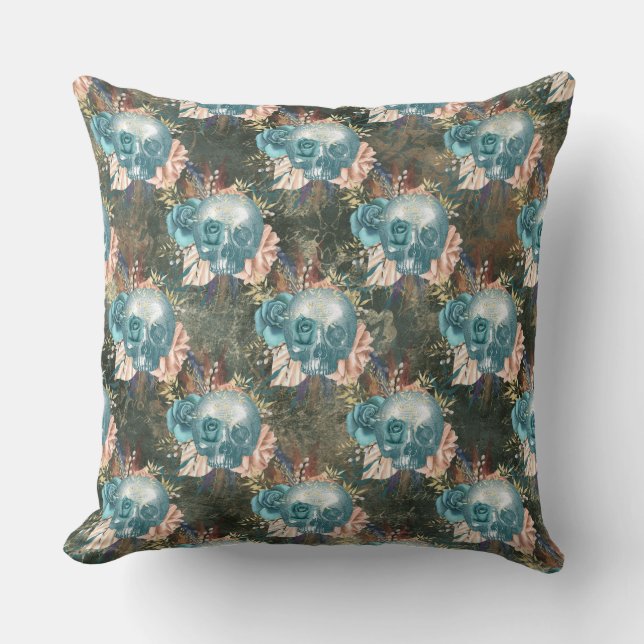 Skull with Blue and Pink Roses Cushion (Front)