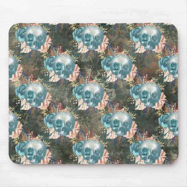 Skull with Blue and Pink Roses Mouse Mat (Front)