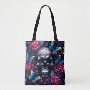 Skull with Blue Butterflies and Red Roses Goth Tote Bag