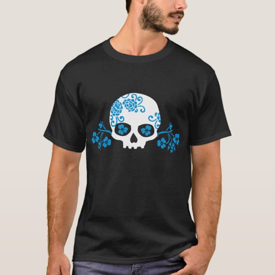 Skull with Blue Flower Pattern T-Shirt