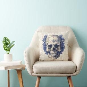 Skull with Blue Flowers Burlap Halloween Cushion