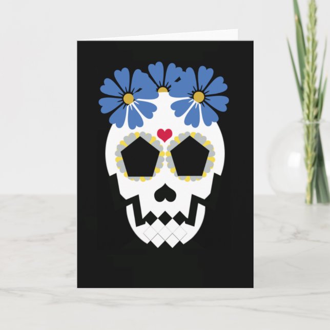 Skull With Blue Flowers Card (Front)