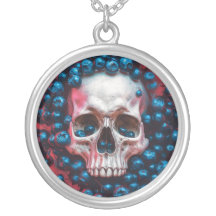 Skull with Blueberries Design Silver Necklace 