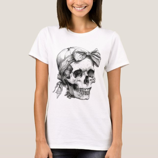 Skull With Bow Halloween T-Shirt Creep It Real BW (Front)