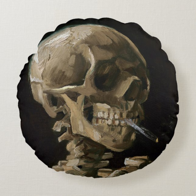Skull with Burning Cigarette Vincent van Gogh Art Round Cushion (Front)