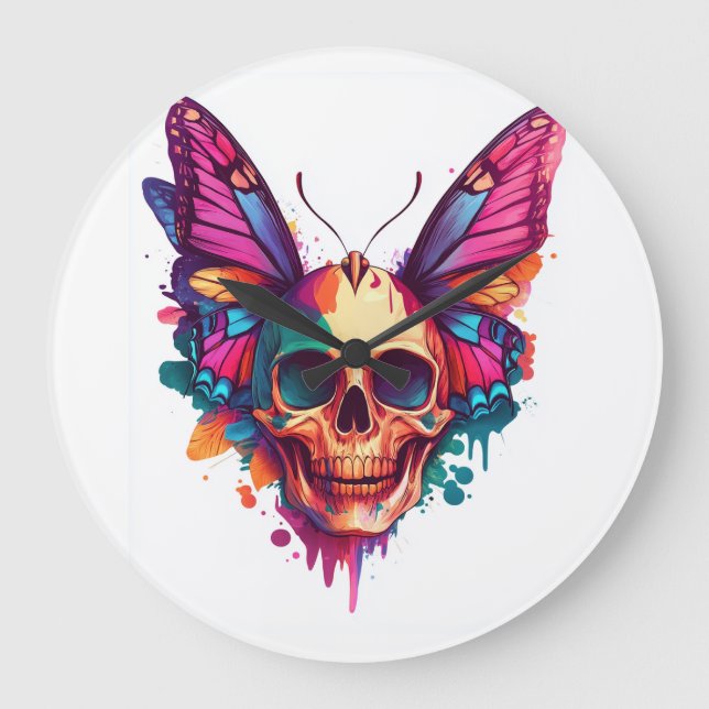 Skull with Butterfly Wings Large Clock (Front)