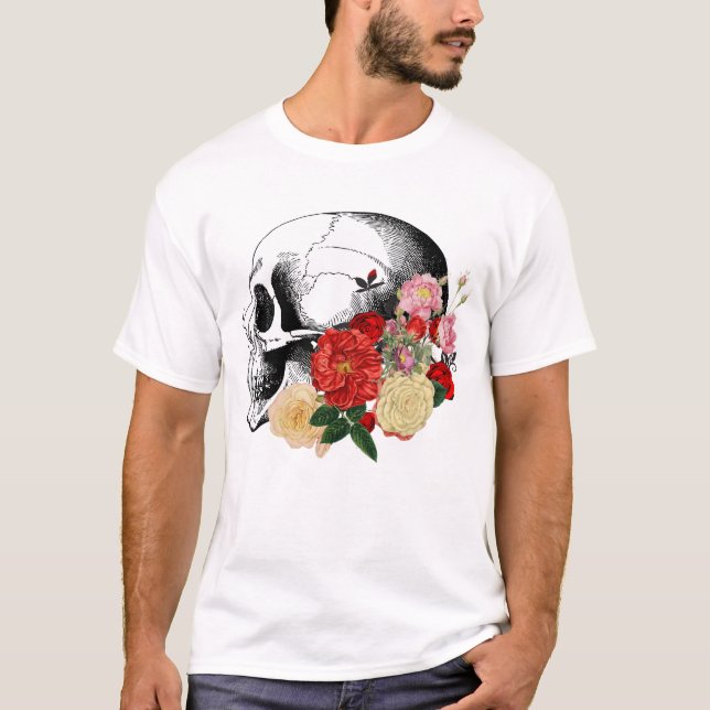 Skull with colourful flowers. T-Shirt (Front)