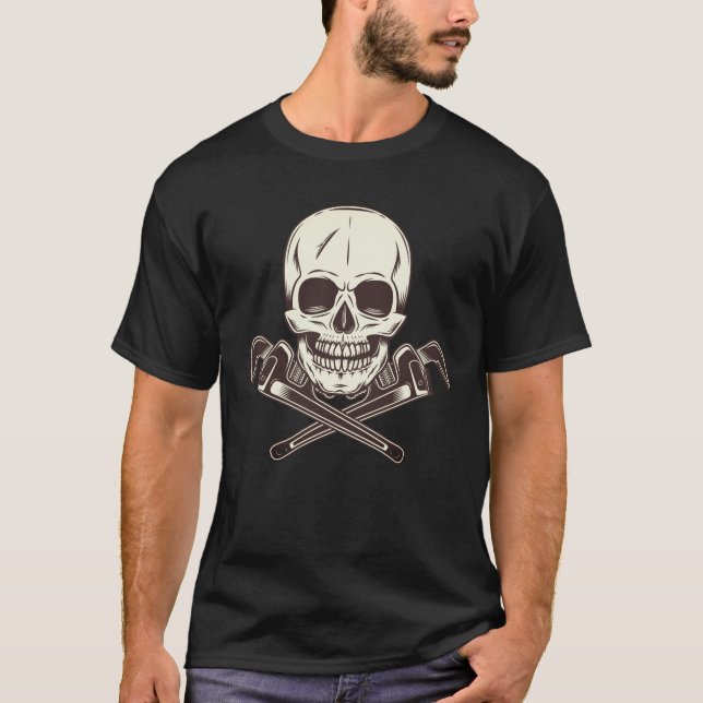 Skull with construction plumbing wrench T-Shirt (Front)