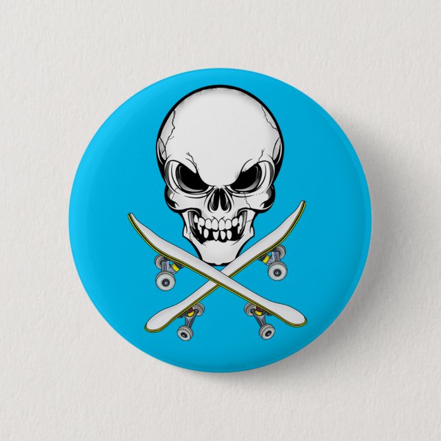 Skull with Cross Skateboards Blue  Button (Front)