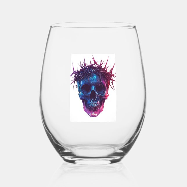 Skull with Crown of Thorns Stemless Wine Glass (Front)