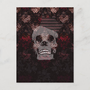 Skull with Crown on Grunge Black Lace Red Damask Postcard