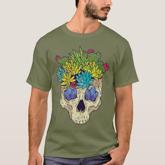 Skull with Crystals and Succulents T-Shirt (Front)