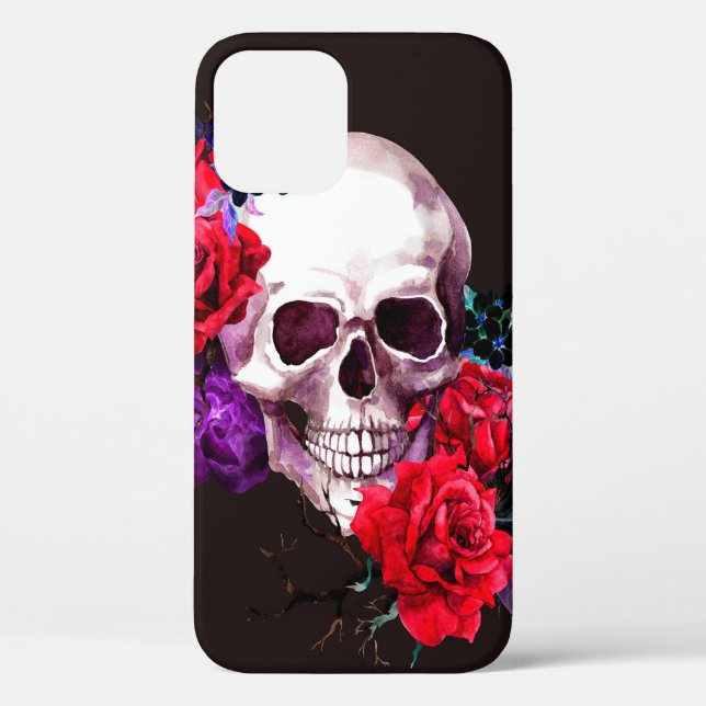 Skull with dark flowers branches and red roses sea Case-Mate iPhone case (Back)