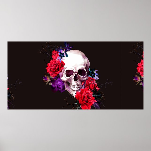 Skull with dark flowers branches and red roses sea poster (Front)